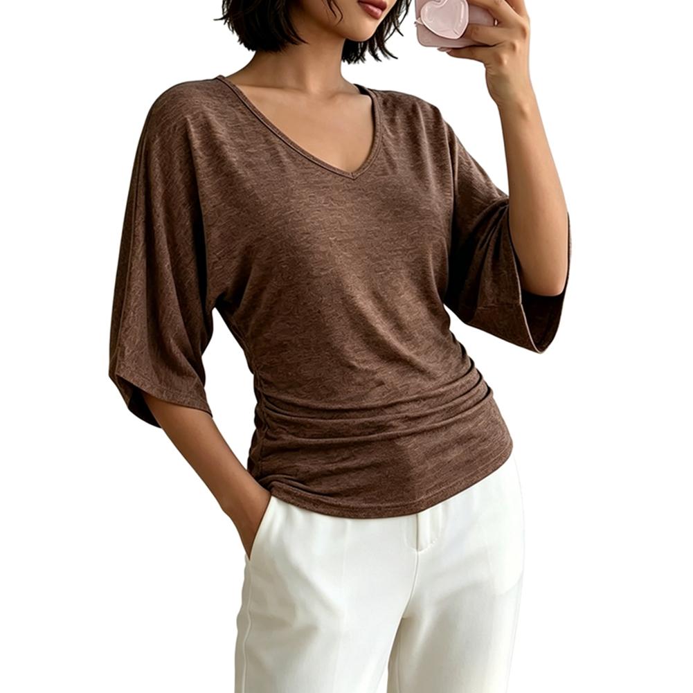Women s Casual Solid-Color V-Neck Short-Sleeve Top L