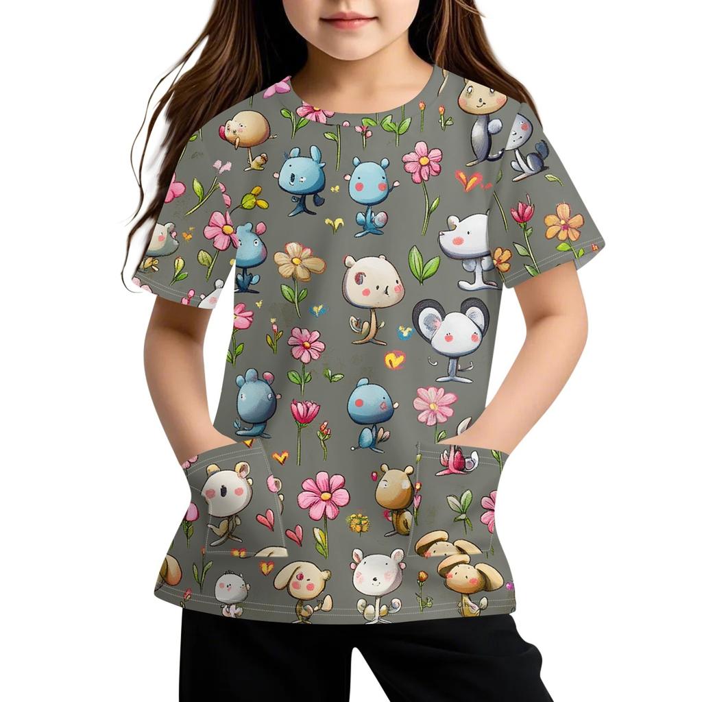 Children's Short Sleeve Pocket Tops Casual  Print T Shirt Round Neck Pullover Blouse