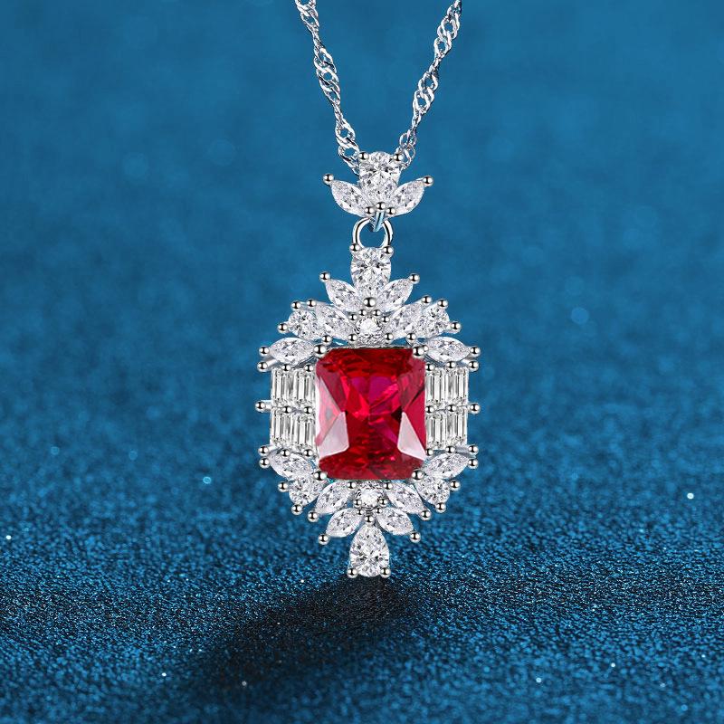 S925 Sterling Silver Pigeon Blood Red Gemstone Necklace for Women - Elegant Grandmother Pendant Sterling Silver