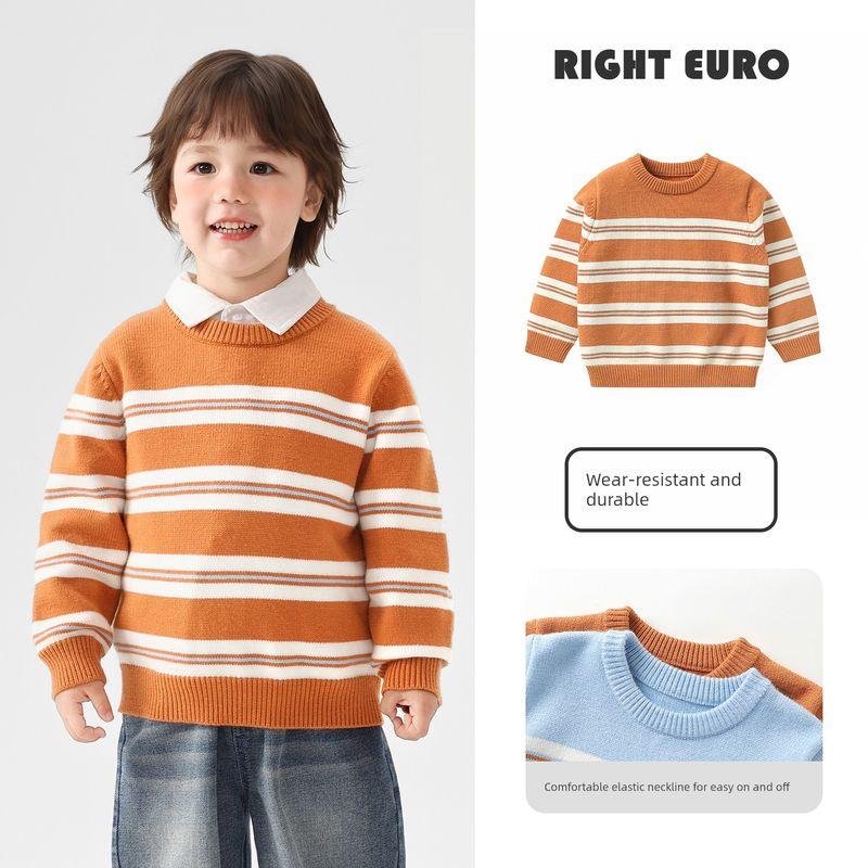 Right European Style Boys  Winter Casual Round-Neck Striped Sweater 2025 Winter New Knit Top Children s Clothing Orange Bar 120cm