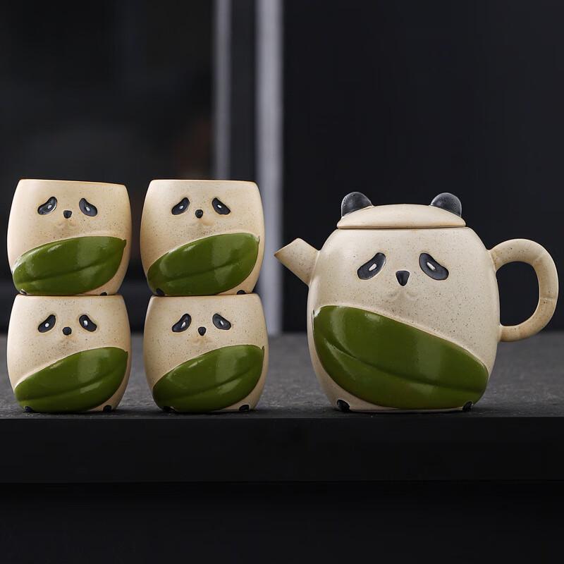 WA Panda Kungfu Ge Kiln Coarse Pottery Tea Set Coarse Pottery - One Pot Four Cups - Foam Pack