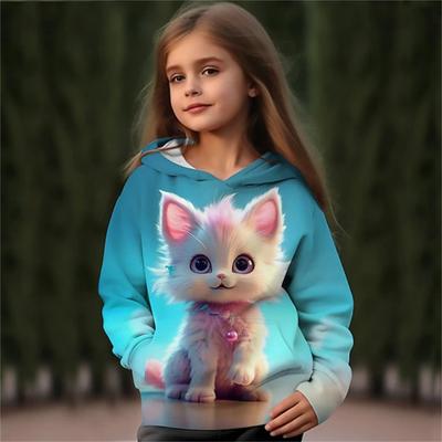 Kids Clothes Girl Spring Fall Hoodies Cartoon 3D Cat Print Streetwear Children's Sweatshirts Outerwear Pullovers Girl Clothing