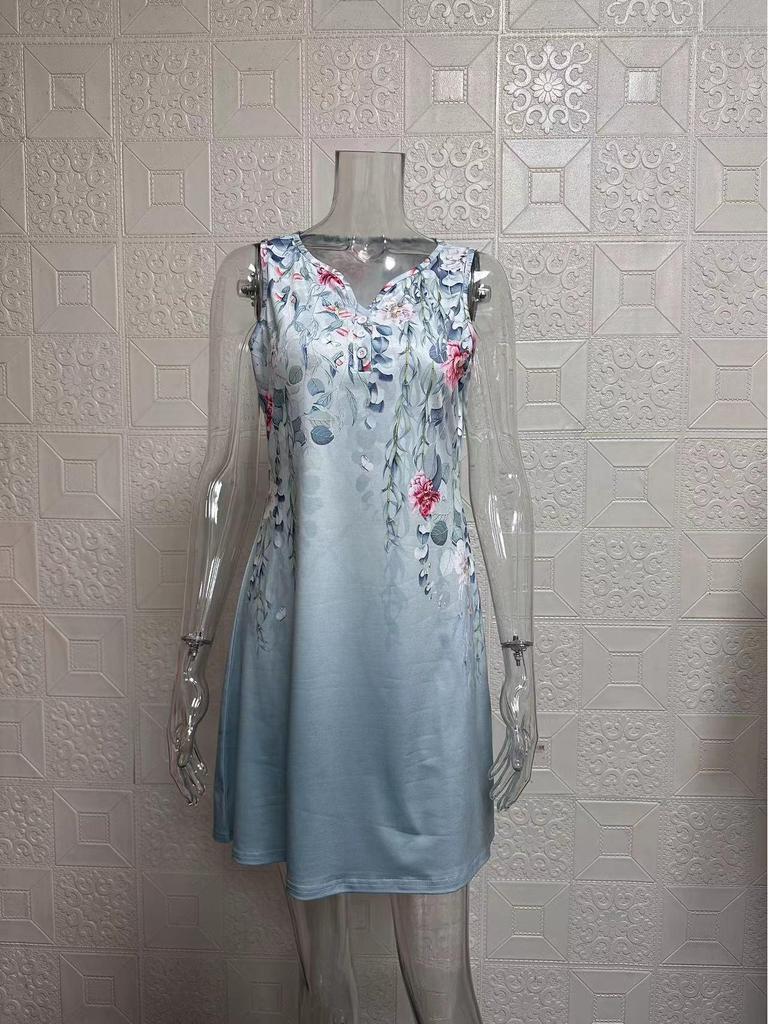 European and American Women's Floral Button A-line V-neck Sleeveless Dress, 2024 Fashion Trend.