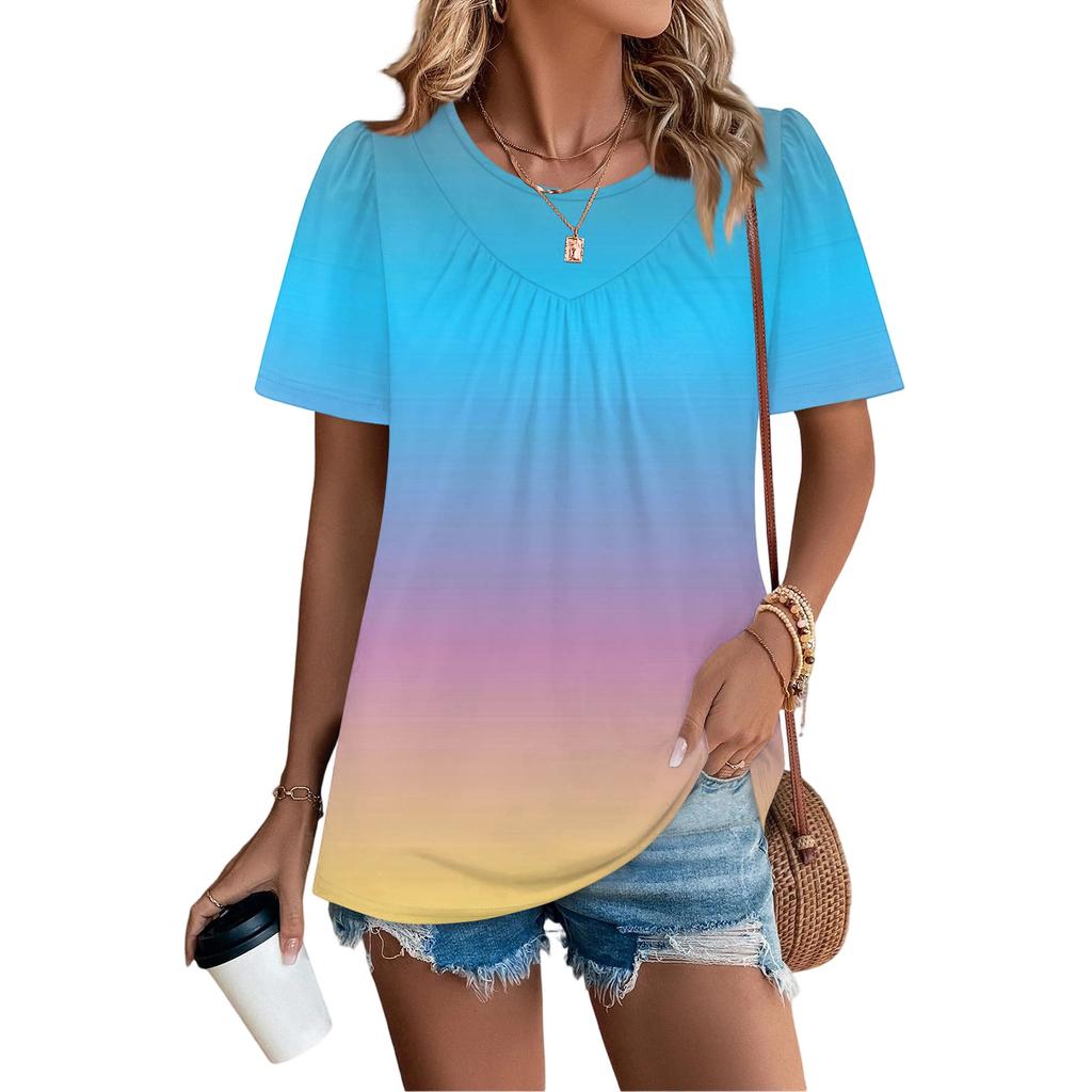 Lässiges Damen-T-Shirt mit Rundhalsausschnitt, Farbverlauf-Print, Falten und kurzen Ärmeln