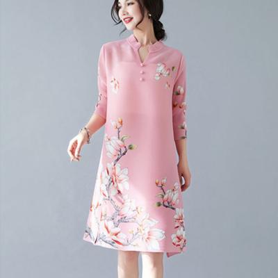 Dress 2022 New Summer Pleated Mid-sleeve Mid-length Printing Slim Stand Collar Three-quarter Sleeve