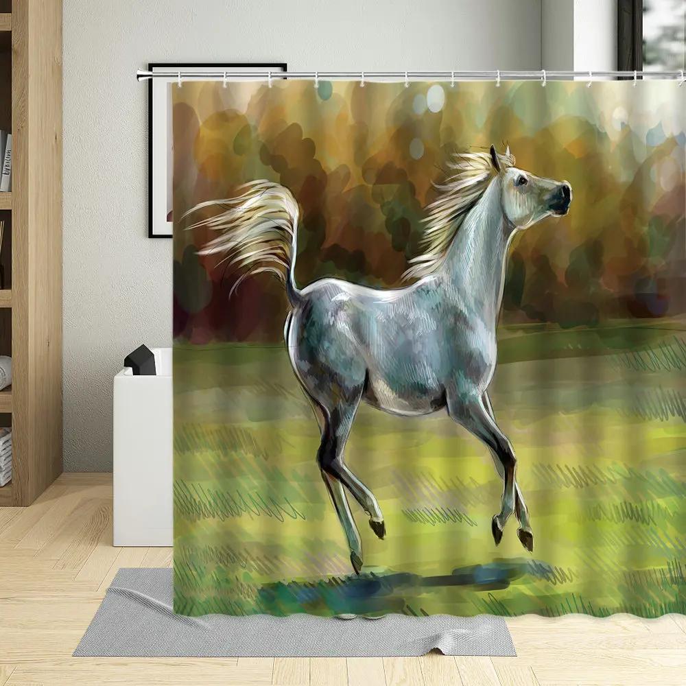 Grassland Animal Horse Shower Curtain Black White Horses Running Snowfield Horse Group Competition Bathroom Decor Curtains Hooks