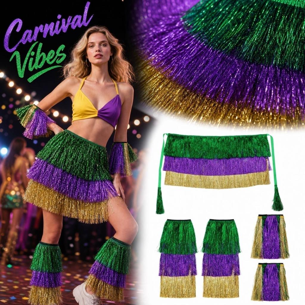 Ensemble Jupe Multicolore pour Femme avec Bracelet et Jambières pour Costume de Spectacle de Danse 3 Pièces