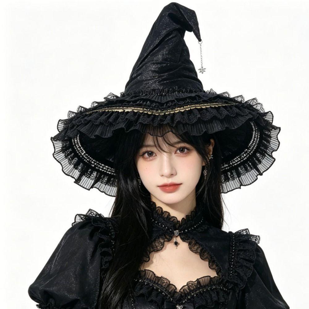 Star Pendant Lolita Witch Hat Lace Wizard Cap Party Headwear Halloween Hat Masquerade Ball
