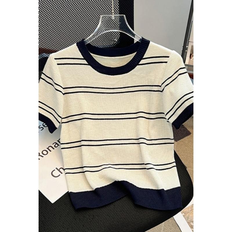 

Striped Short-sleeved Knitted Top - New Spring/summer Style, Fashionable and Versatile, Short-sleeved Base Layer Top One size абрикосовий