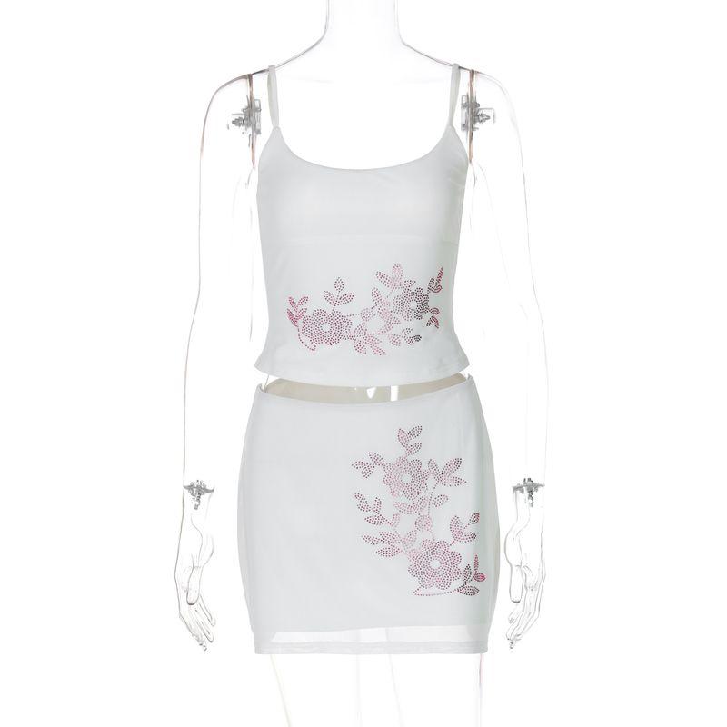 

Shemoda Double-Layer Mesh Diamond in the Debris Print Fashion Suit Women s Slim-Fitting Suspenders Vest Hip Skirt Two-piece Set White S