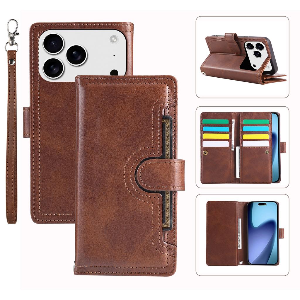 For iPhone 17 Pro Max Case Split Leather Magnetic Wallet Phone Protector with Wrist Strap