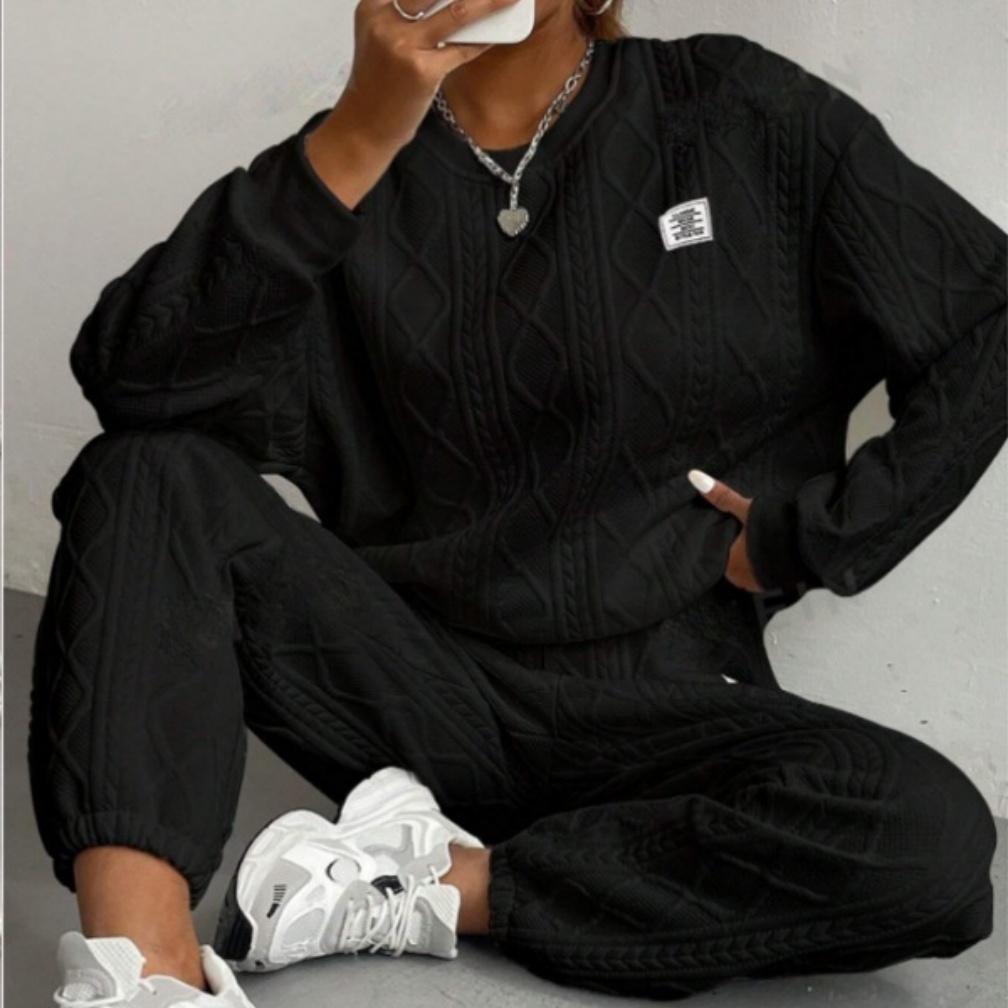 Dames Herfst en Winter Effen Kleur Jacquard Lange Mouw Casual Ronde Hals Sweatshirt en Broek Set