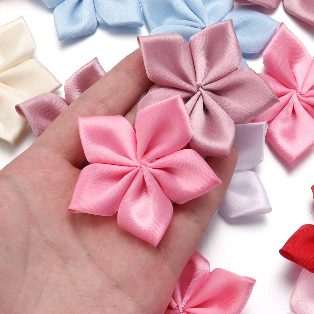 20 Stück 6cm Satinband Blume Bunt Künstliche Stoff Fünfblättrige Blumen Für DIY Hochzeit Kleidung Nähen Kopfschmuck Dekoration