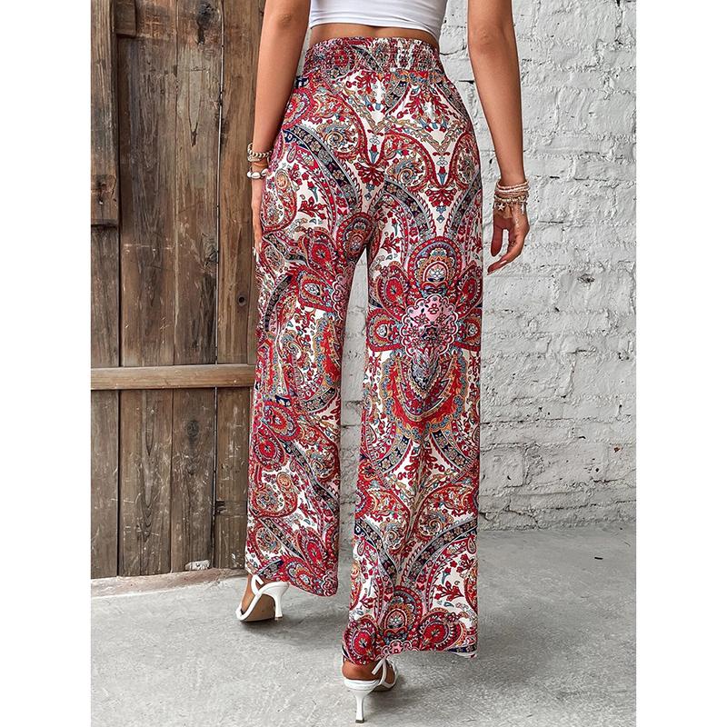 Summer New Fashion Printed Elastic Waist Wide Leg Pants Women Vintage Vacation Beach Pants Casual Woman Simple Thin Office Ladies Long Trousers 25783