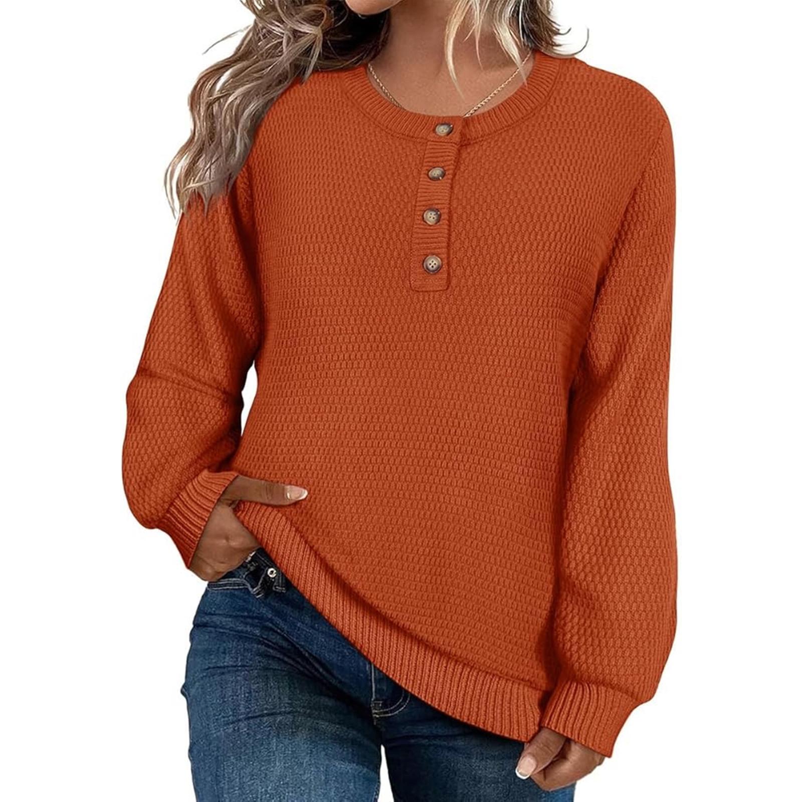 

Women s Loose-Fitting Solid-Color Button-Up Long-Sleeved Round-Neck Pullover Knit Sweater Top XXL
