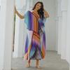 Womens Loose Beach Cover Up With Colorful Block Print UV Protection Swimwear Robe One Size