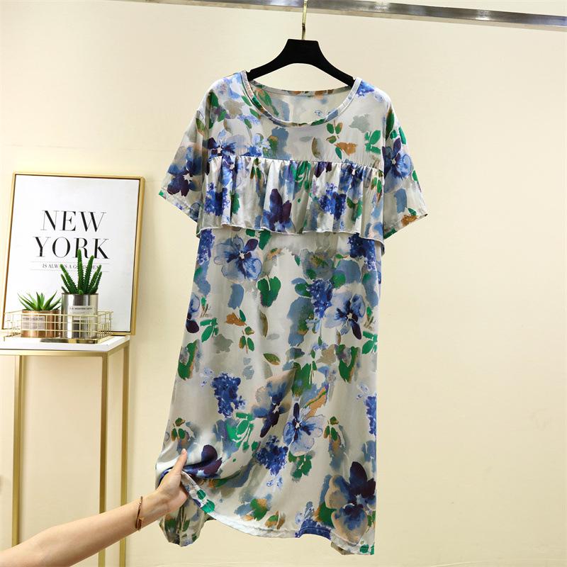 2025 Summer Floral Cotton and Silk Midi Dress - Short Sleeve, Loose Fit Nightgown