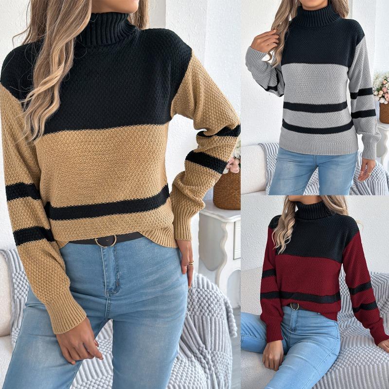 Women S Casual Striped Color Block High Neck Long Sleeve Sweater