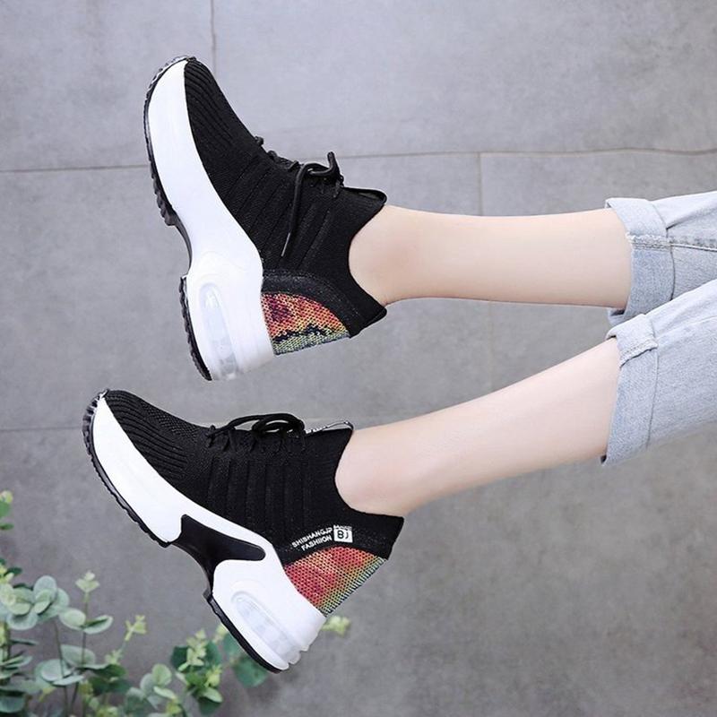 2025 New Women's Mesh Invisible Heightening Women's Wedge Heel Lace-up Sneakers Fashion Color Matching Women's Shoes