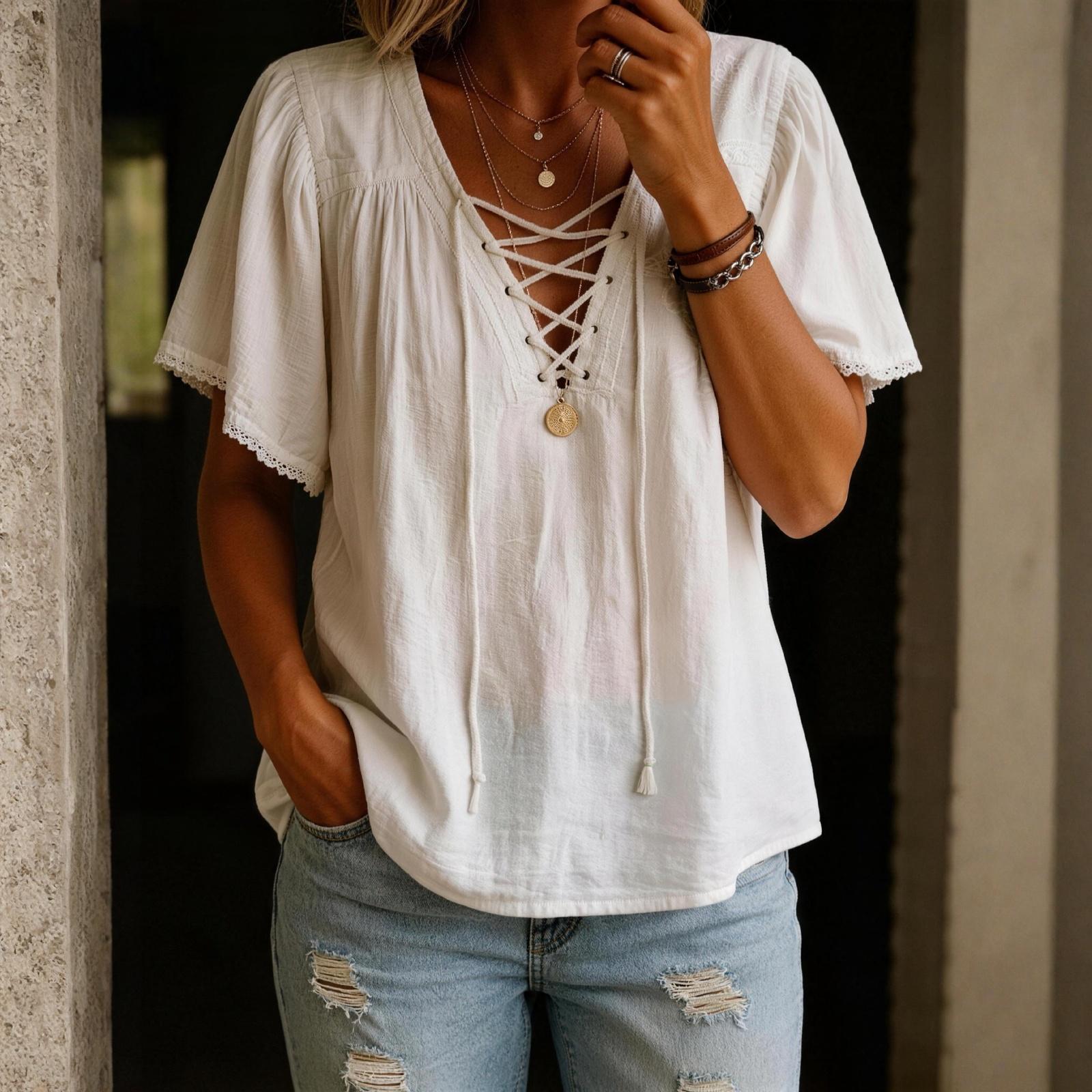 

Ladies Casual Fashion Pullover Top V-neck T-shirt XXL білий