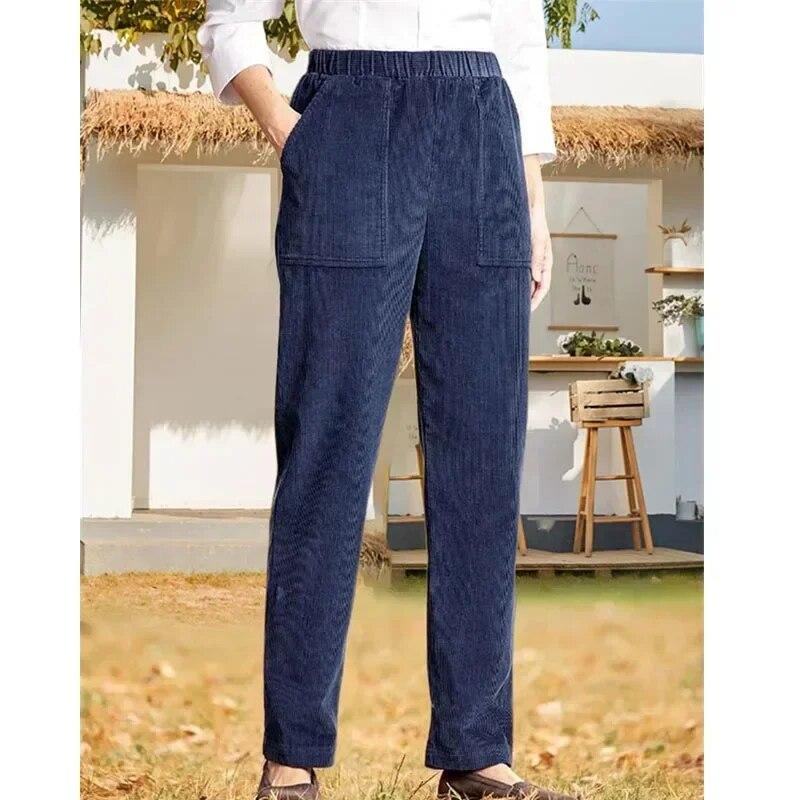 Fashion Straight Corduroy Long Pants Autumn Winter Casual Solid Color Elastic Waist Stripe Trousers Women Loose Fit Warm 30123
