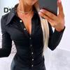 Elegant Women Solid Color Shirt Lapel Long Sleeve Office Tops Pleated Single Breasted Blouse Workwear