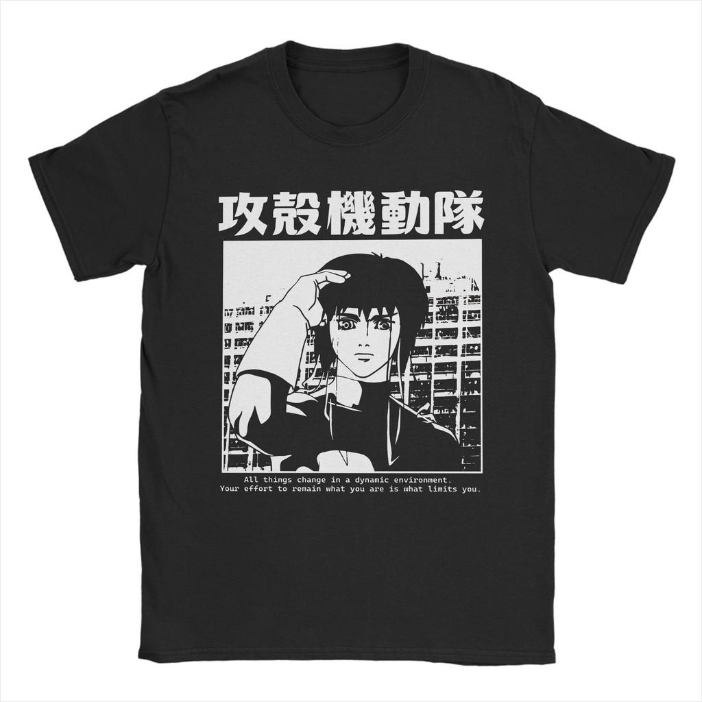 2026 Summer Ghost In the Shell Major & Japanese Text Print T-Shirt Oversized Black Streetwear Cotton Tee Anime Sci-Fi Aesthetic