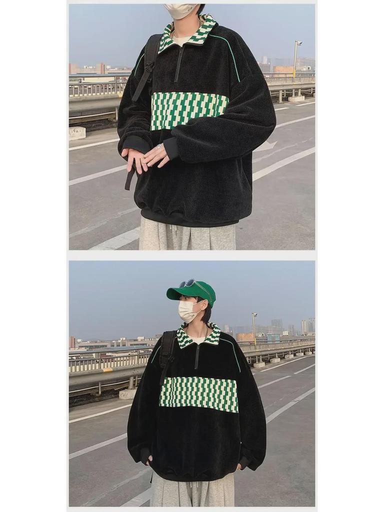 Retro Color Block Waffle Sweatshirt: Men's Half-Zip Polo Jacket for Spring and Autumn.