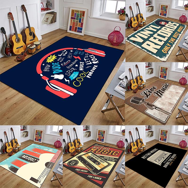 Retro Music Theme Round Area Rug with Guitar Headphone Cassette Patterns Floor Mat for Vintage Music Room Home Decor