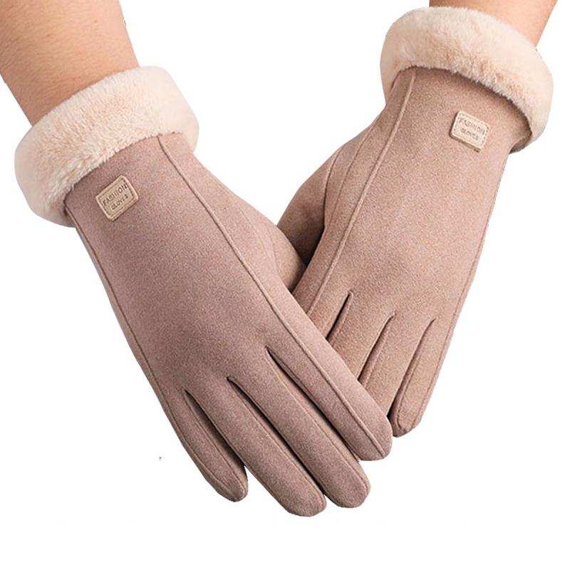 Winter Rabbit Fur Mouth Full Finger Touch Screen Mittens Plus Velvet Warm Gloves For Women