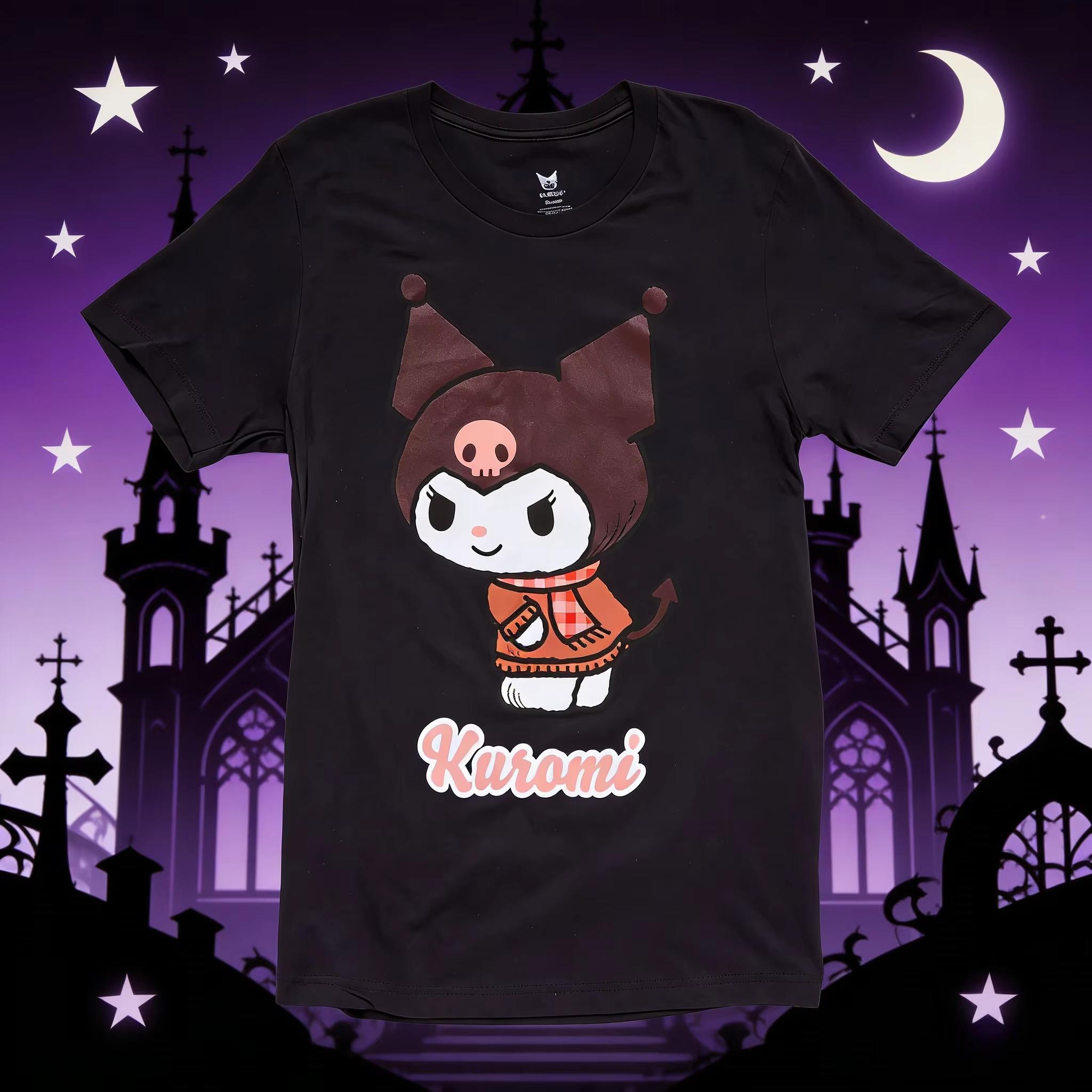

2026 new Summer Kuromi Cute Print Tee Casual Short Sleeve Cotton Tops for Adults Kids Sweet Kawaii Style Daily Outfit S