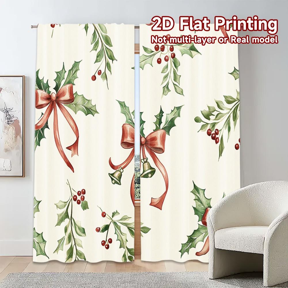 2pcs,Curtains Christmas Bell Holly Ribbon (2) Minimalist Chic Curtains Durable 100% Polyester Fabric Curtains Outdoor