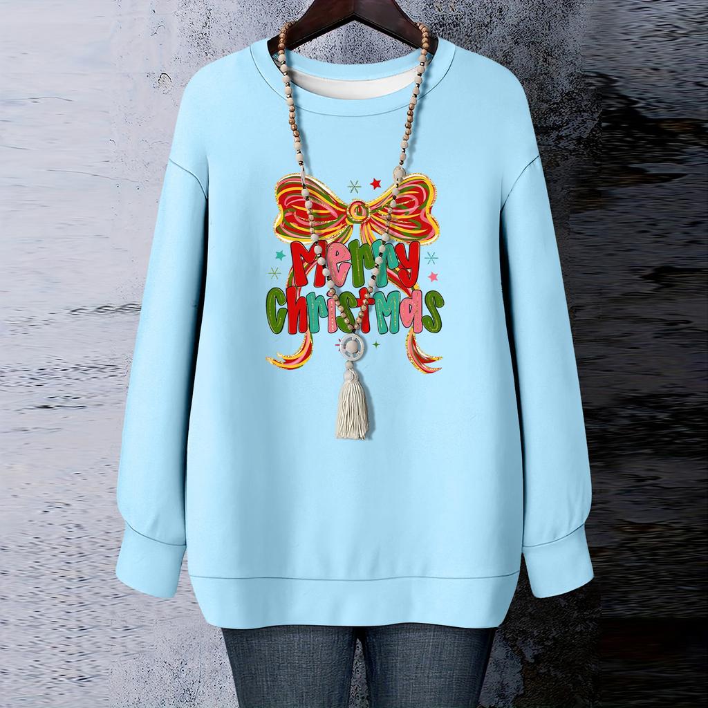 Ladies' Christmas Printed Round Neck Long Sleeved T-shirt Sweatshirt Top