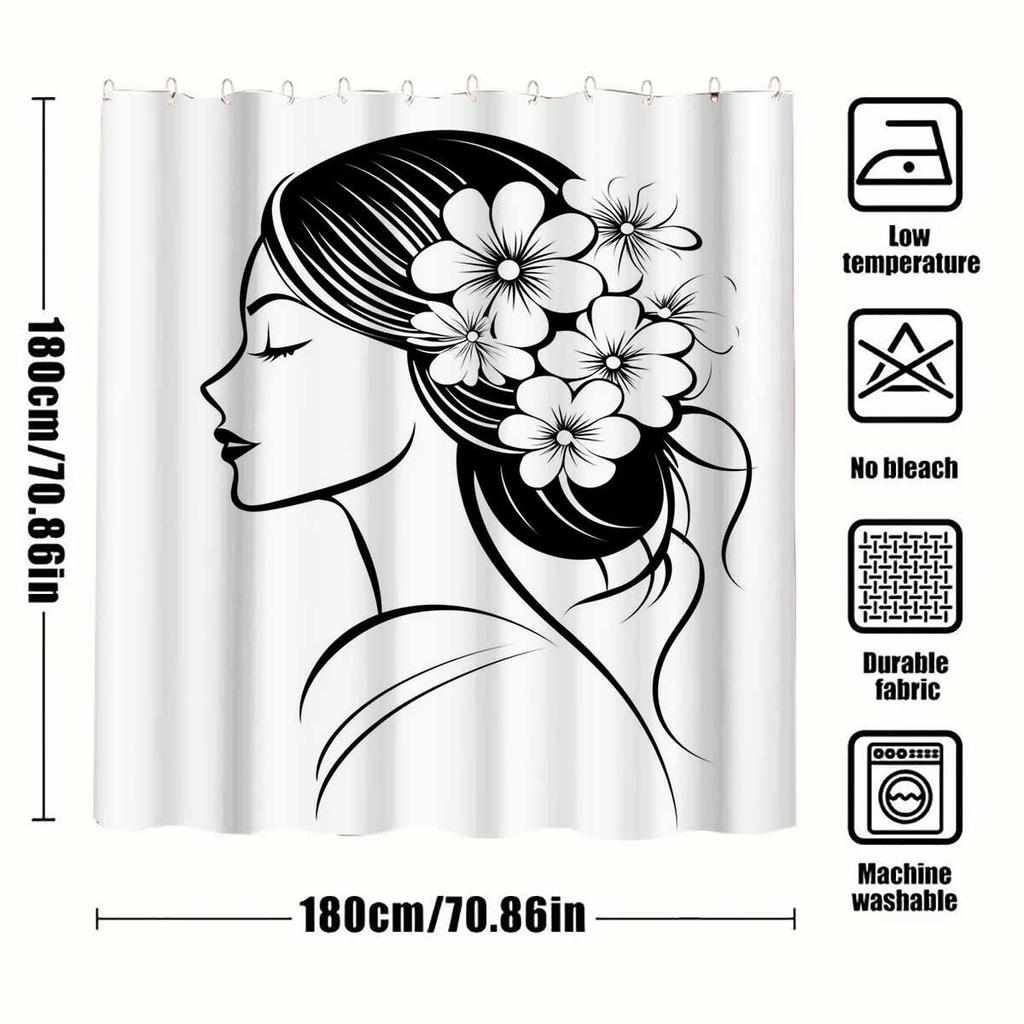 1pc Art Line Cherry Blossom Portrait Series Shower Curtain - with 12 Hooks, Machine Washable, Suitable for Bathroom Decor