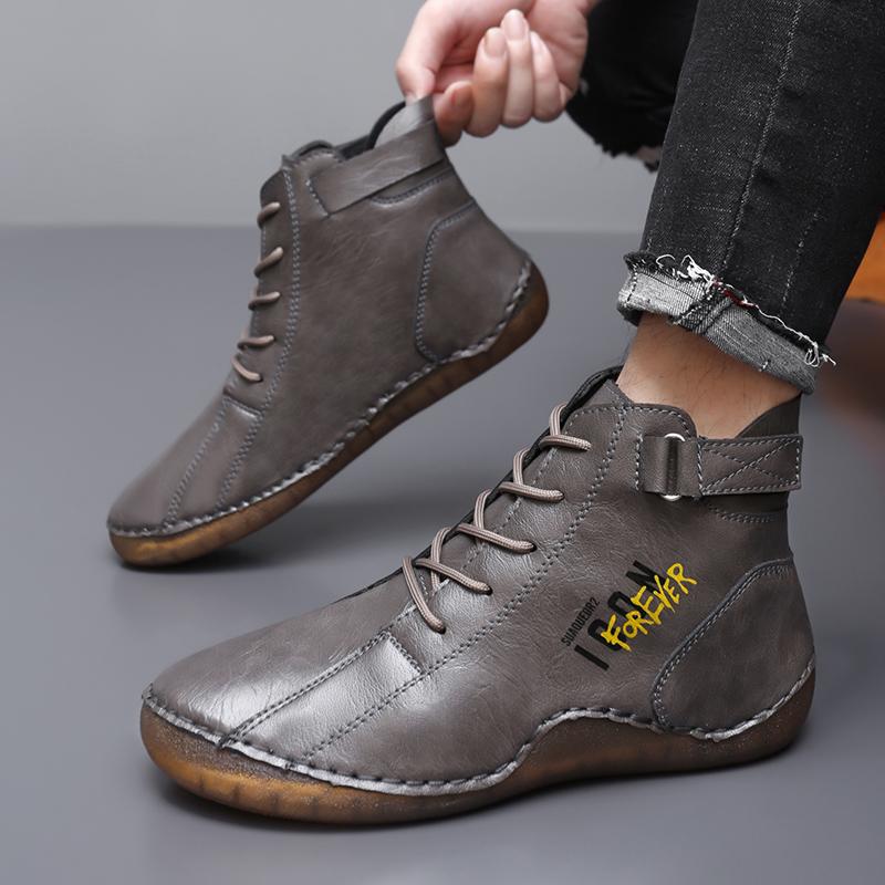 Men Handmade Leather Shoes Casual Hiking Boots Outdoor Black High Top Wide Palm Driving Shoes Large Size