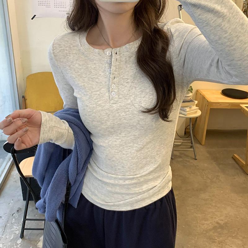 

Half-open neck front shoulder slim top women s button-down bottoming shirt spring sweet and spicy style thin front shoulder long-sleeved T-shirt XL