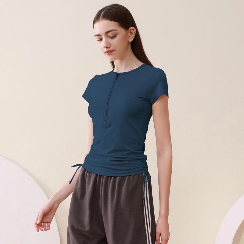 

Женский приталенный топ для йоги с коротким рукавом, на молнии до половины, с кулиской L синий