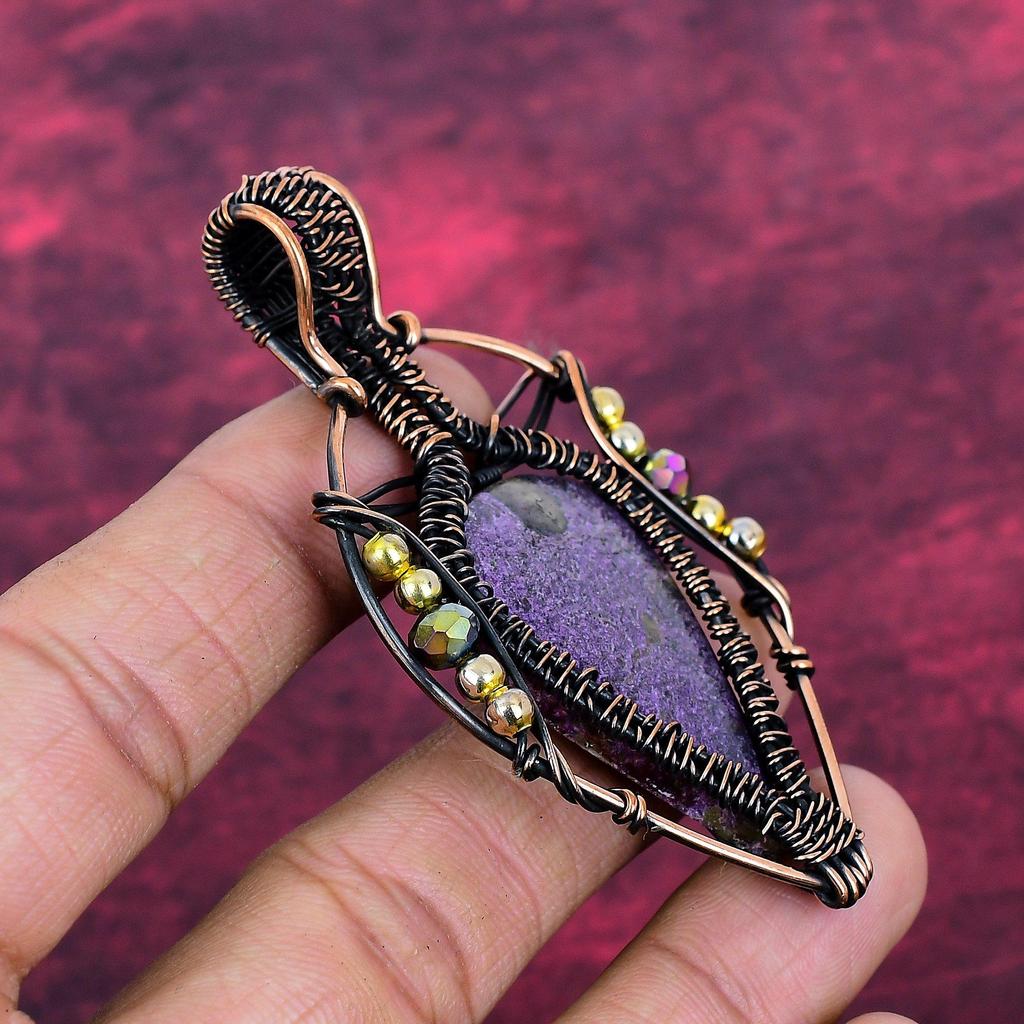 Purpurite Gemstone Pendant Copper Wire Wrapped Pendant Handmade Antique Jewelry
