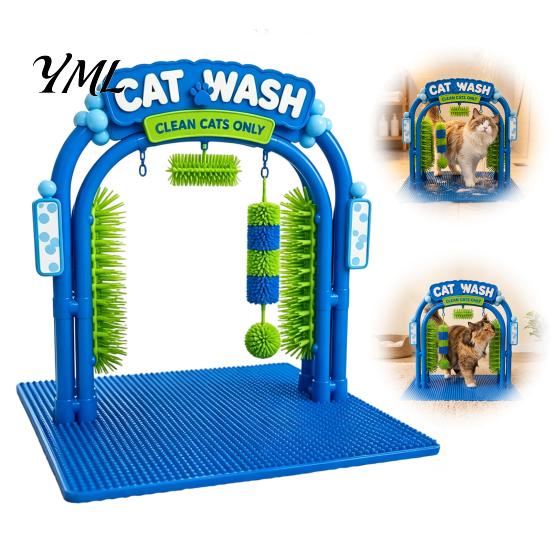 Pet Enrichment Toy Cat Wash Grooming Station, Self Groomer, Arch Car Interactive Design, Soft Rubbing Brushes, Massager Scratcher for Indoor