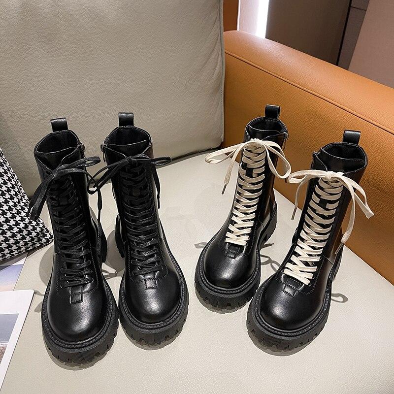 Autumn Winter Boots Round Toe Med Heel Boots Women ' ;S Shoes Women Booties Ladies Luxury Designer Goth Black Leather Platform