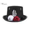 Decorazioni per Festa di Trucco Cappello a Cilindro in Feltro per Adulti Uomini Donne, Steampunk Halloween Cosplay con Copricapo Scheletro Mano e Rosa, Costume Cosplay Gotico Nero,