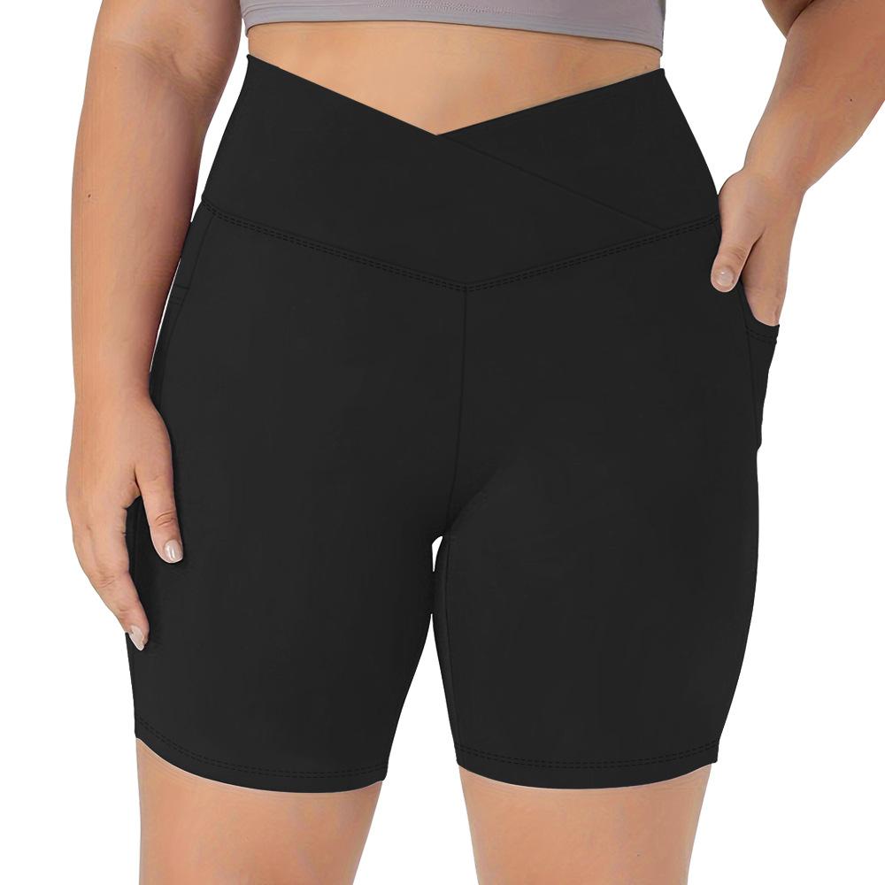 Women Plus Size Cross Waist Pockets Summer Knee Length Yoga Biker Shorts