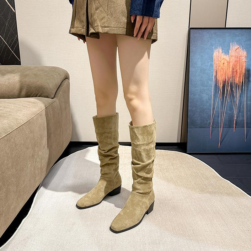 Retro stacking boots women's autumn western cowboy boots medium tube small knight boots heightened