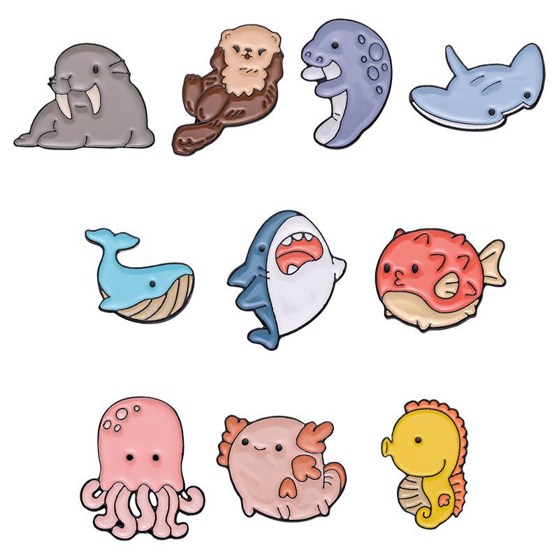 5/10PCS Ocean Animals Enamel Badges Whale Shark Otter Pufferfish Sea Lion Metal Pins Lapel Brooch For Backpack Hat Decor Jewelry