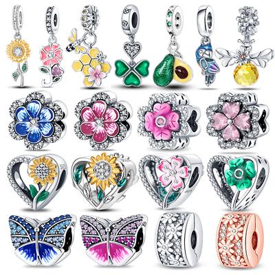 Fit 925 bransoletka 925 srebrny kwiat ptak seria wisiorki koraliki dla kobiet moda Diy biżuteria tworzenie prezentów