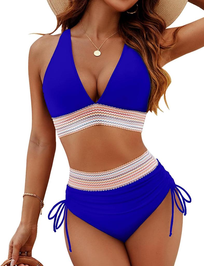 Women's Swimsuit Solid Color Stitching Sexy High Waist Drawstring Tie Split Swimsuit Bikini Suit Beach Wear