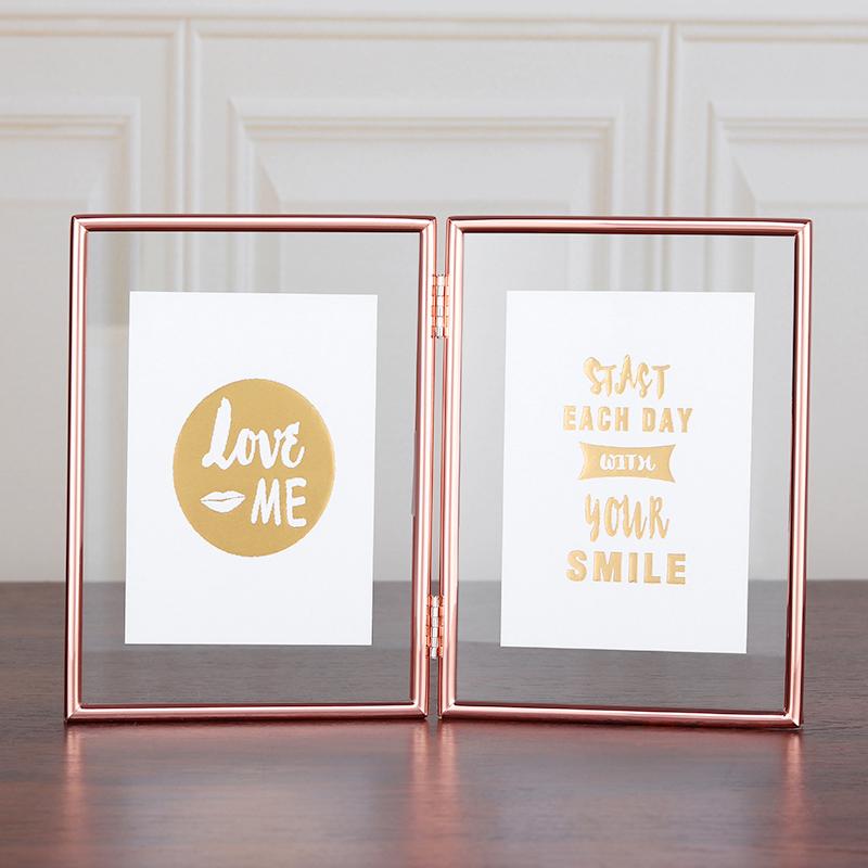Foldable 3/2 Panel Gold Plated Photo Frame, Double Sided Clear Glass Desktop Display Stand, Photo Frame for 5/6/7/8 Inch Photos