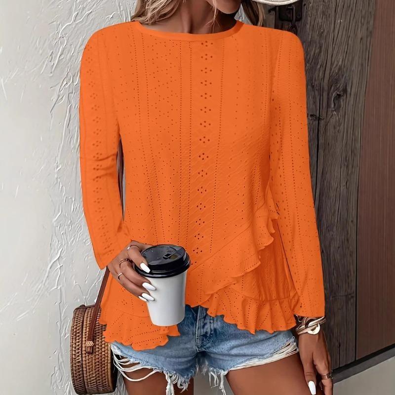 

New Spring and Summer Women s Fashion and Casual Solid-color Long-sleeved Round-neck T-shirts XXL помаранчево-червоний