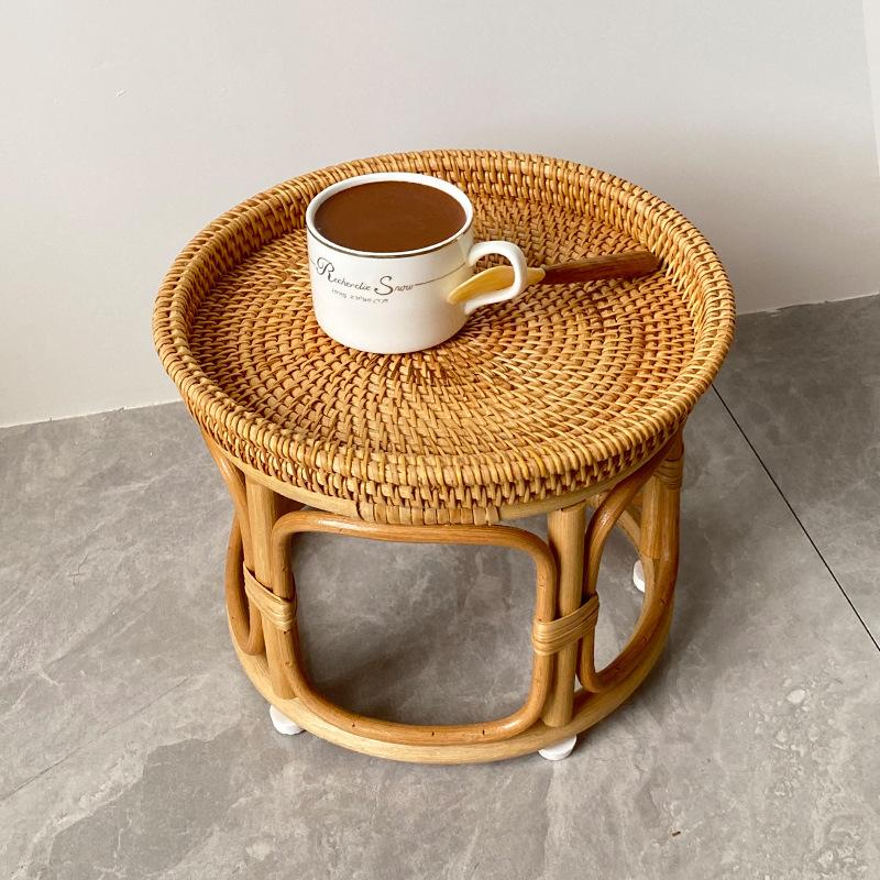Handwoven Rattan Balcony Side Table Vintage Tea Sofa Coffee Table Durable Dessert and Snack Stand Japanese Bedroom Organizer