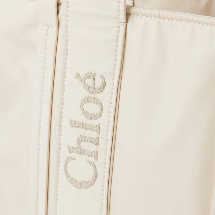 Chloe Holzig Ikonisches Besticktes Logo Einfarbig Recyceltes Nylon Tragetasche Damen Tragetaschen Elfenbein-Grau CHC23-WS382L41-22M